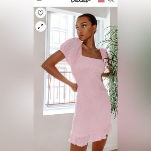 Lulus Pleasant Moment Light Pink Smocked Eyelet Lace Mini Dress XS NWT